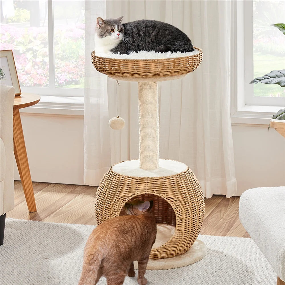 29.5" Tall Rattan Cat House with Scratching Post & Cushion