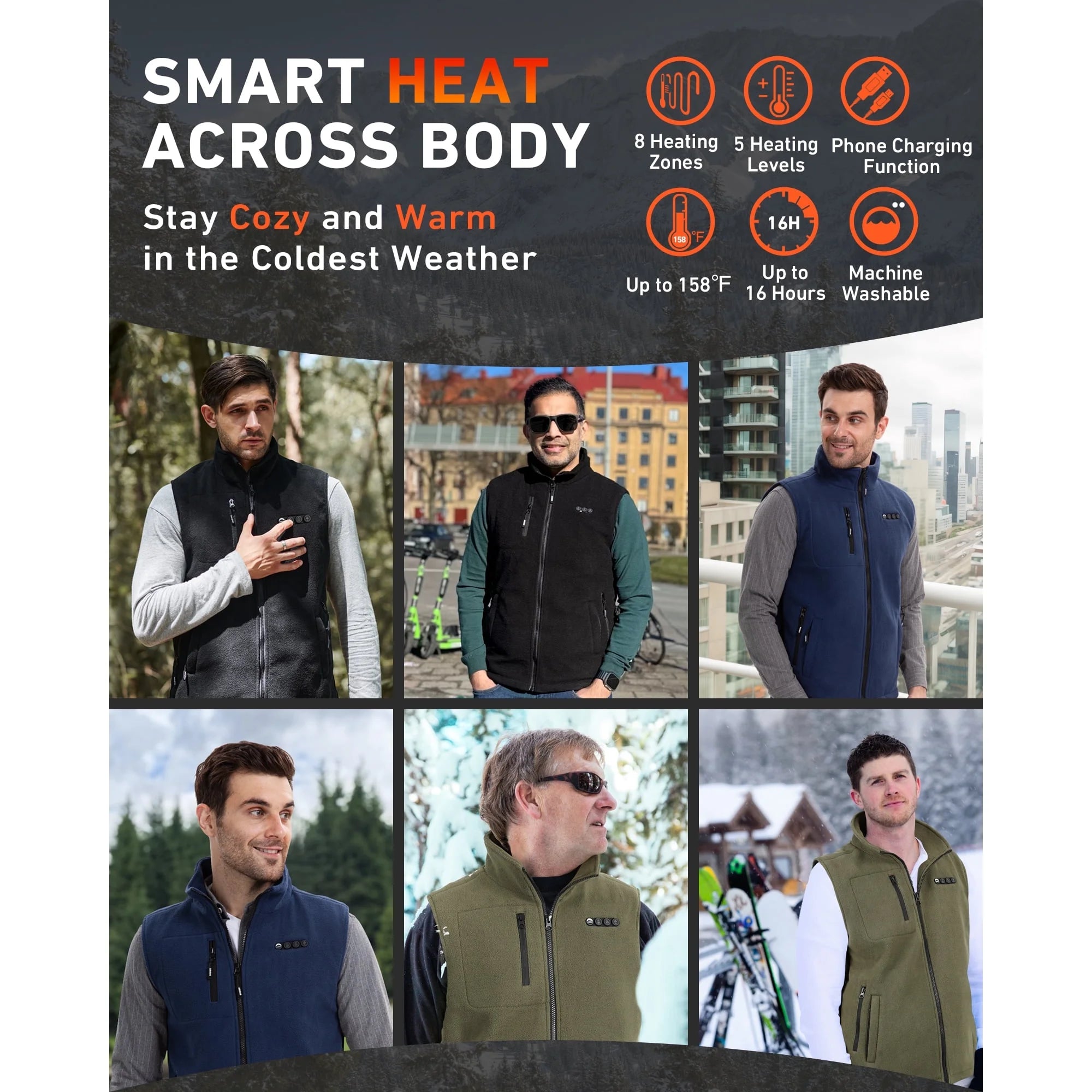 Men'S Fleece Heated Vest with 7.4V Battery Size Adjustable Heating Cloth