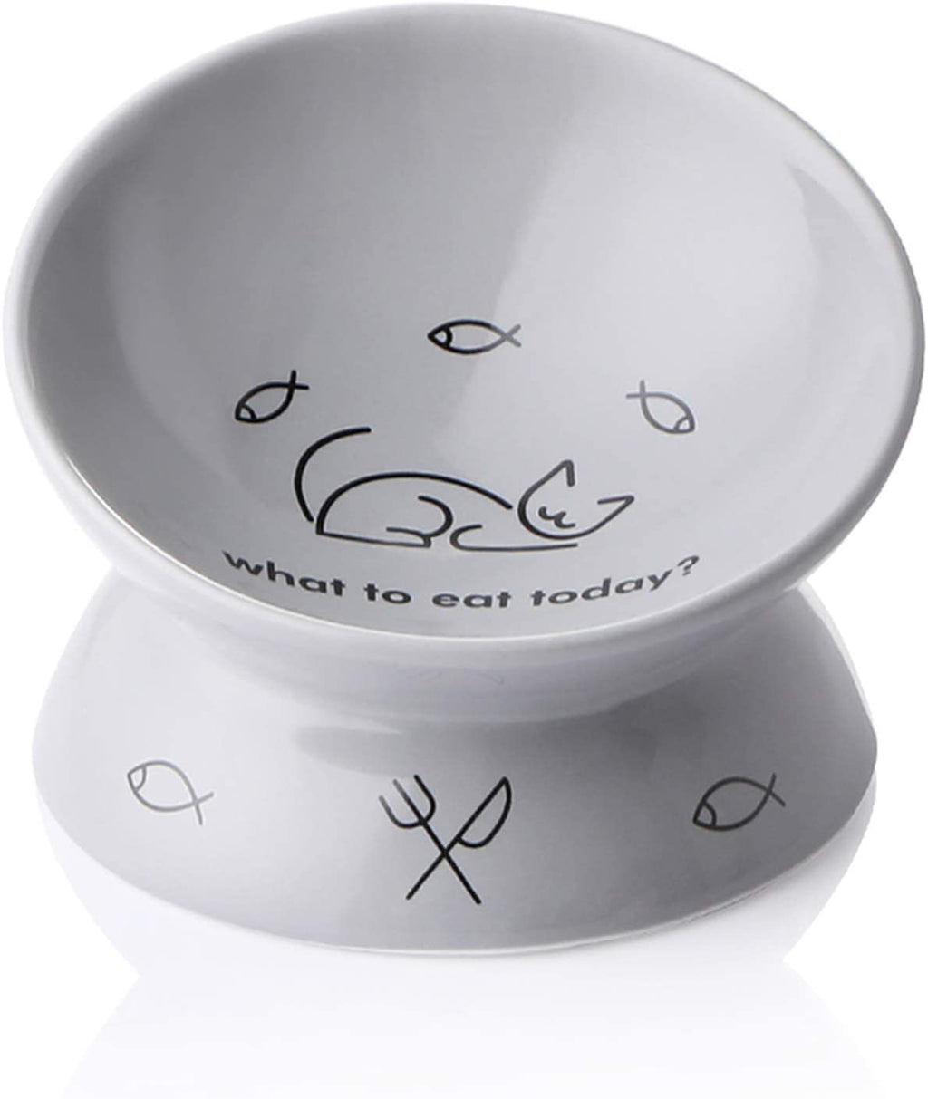 Ceramic Raised Cat Bowls, Slanted Cat Dish Food or Water Bowls, Elevated Porcelain Pet Feeder Bowl Protect Cat'S Spine, Stress Free, Backflow Prevention (Gray)
