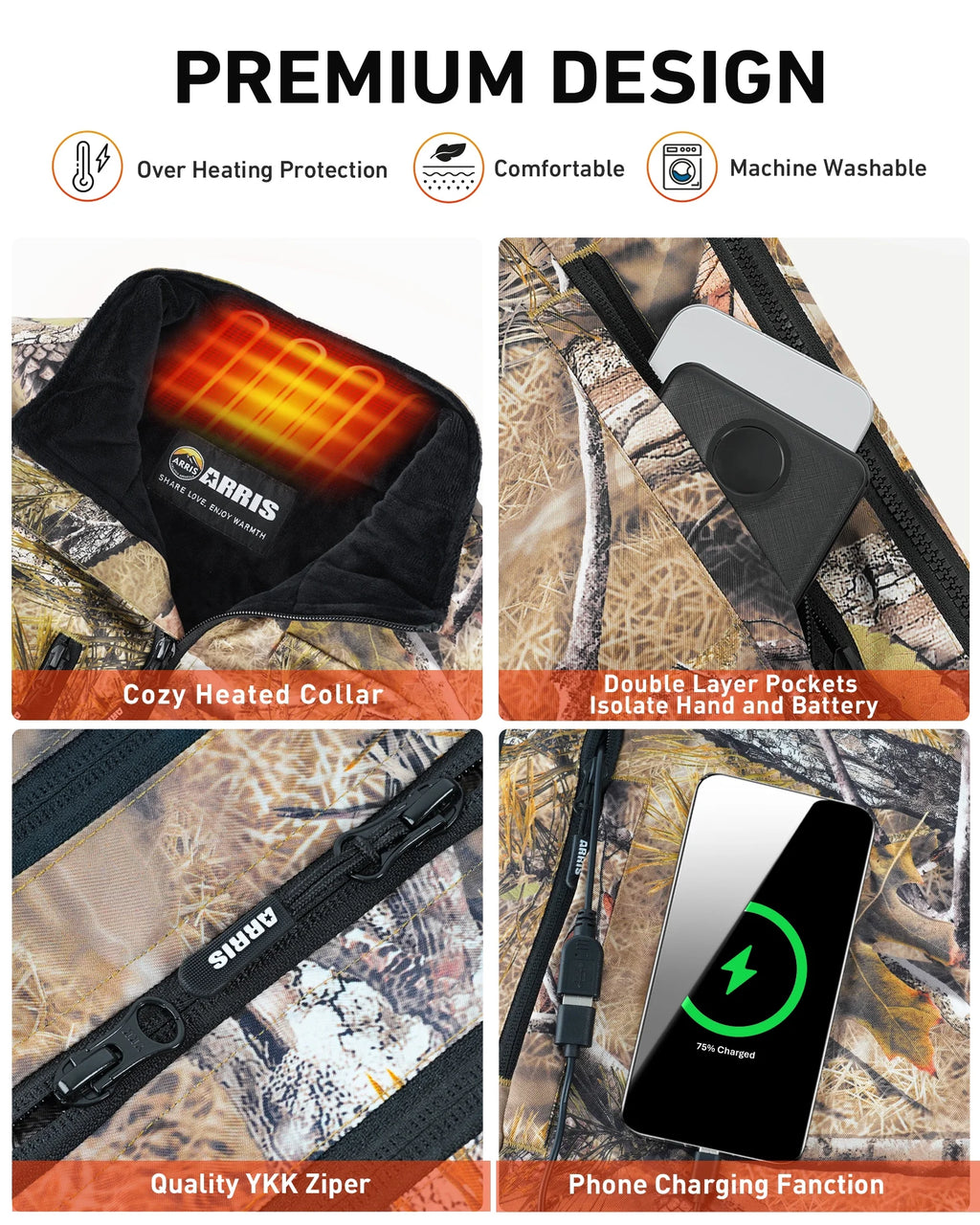 Heated Hunting Vest for Men, Camo Electric Size Adjustable 7.4V Heating Vest with Battery for Hunting
