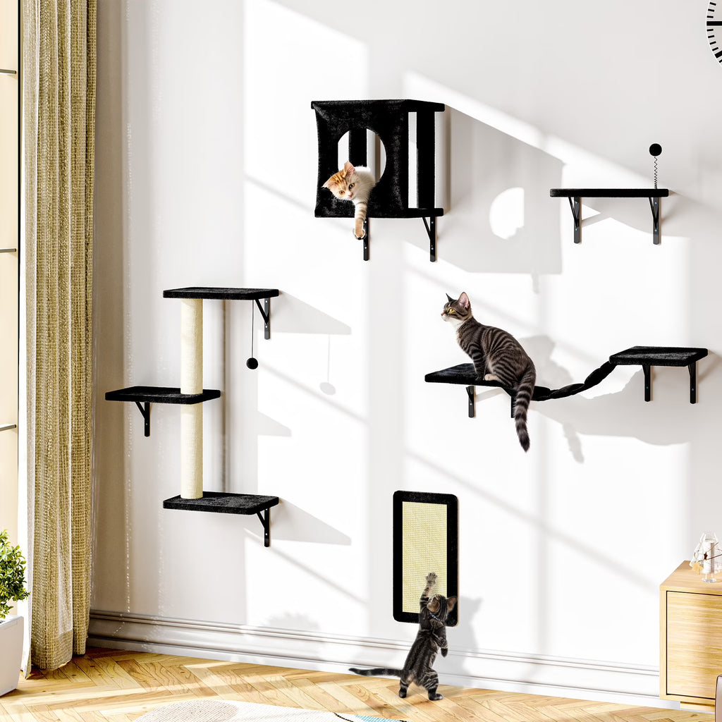 5Pc Cat Wall Shelves Set, Black Wall-Mounted Cat Climber with Bridge & Perch