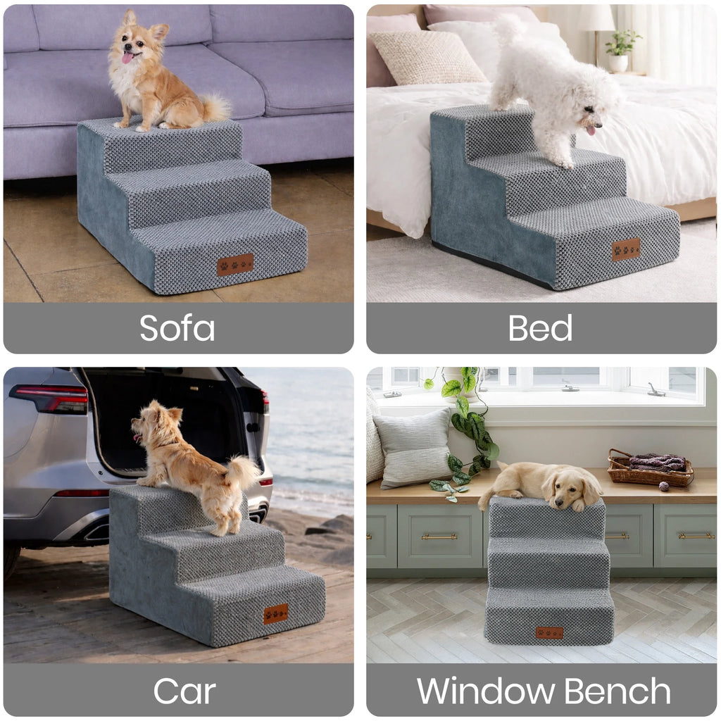 Dog Stairs for Small Dogs 13.8"H, 3-Step Dog Steps for High Bed,Pet Steps for Small Dogs and Cats,Dog Stairs Ramp for High Density Foam,Grey