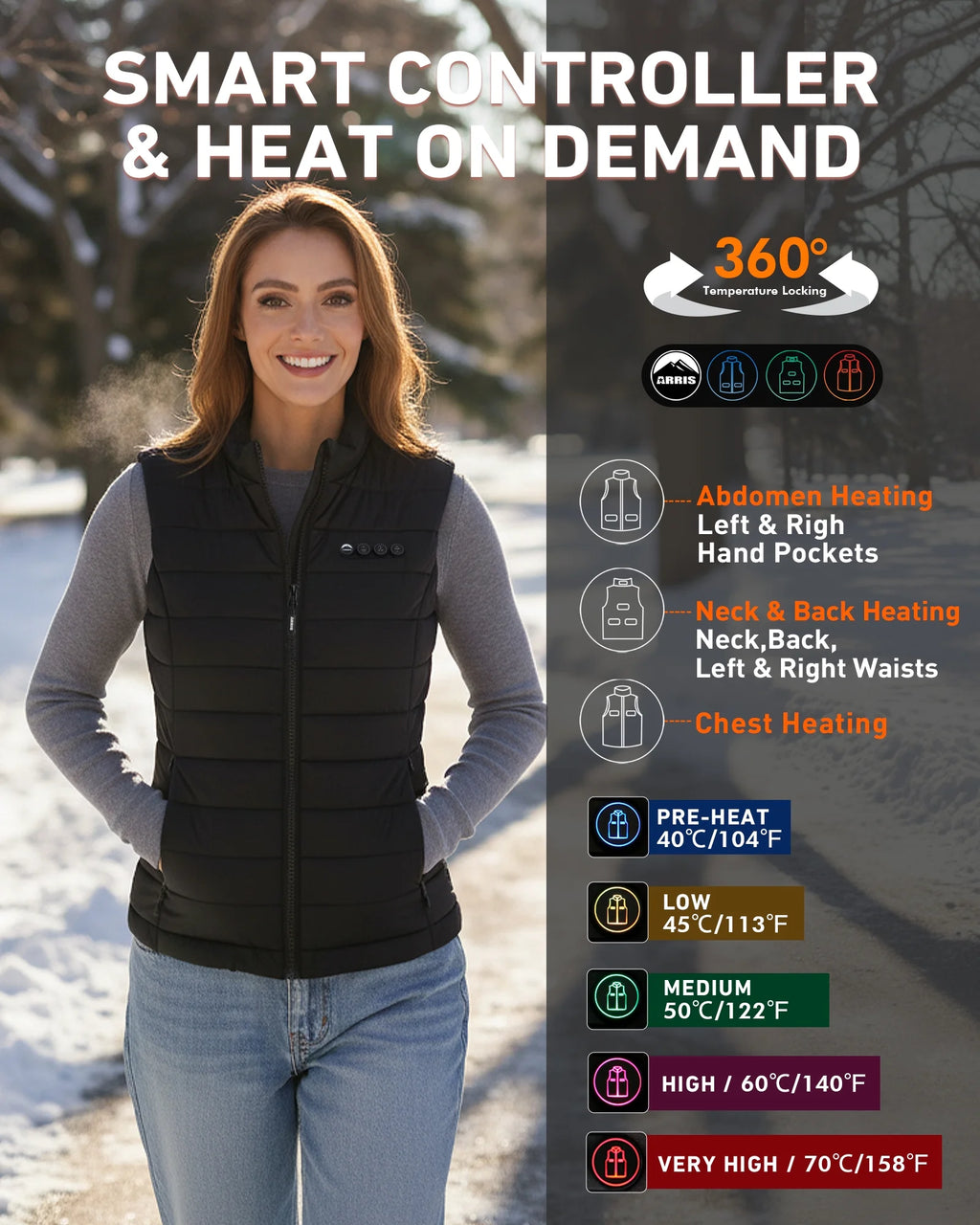 Women Heated Vest with 7.4V 7500Mah Battery Lightweight Puffer Size Adjustable Heating Vest up to 16 Hours-Black