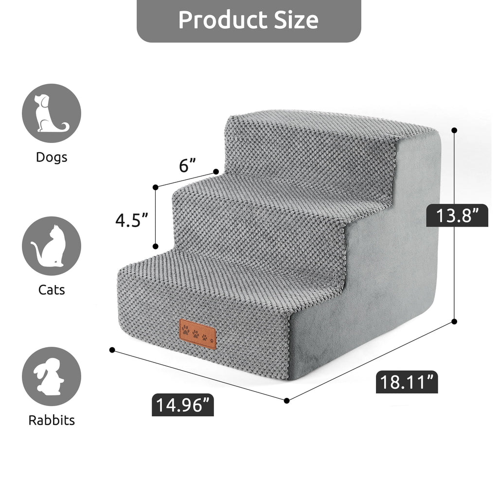 Dog Stairs for Small Dogs 13.8"H, 3-Step Dog Steps for High Bed,Pet Steps for Small Dogs and Cats,Dog Stairs Ramp for High Density Foam,Grey