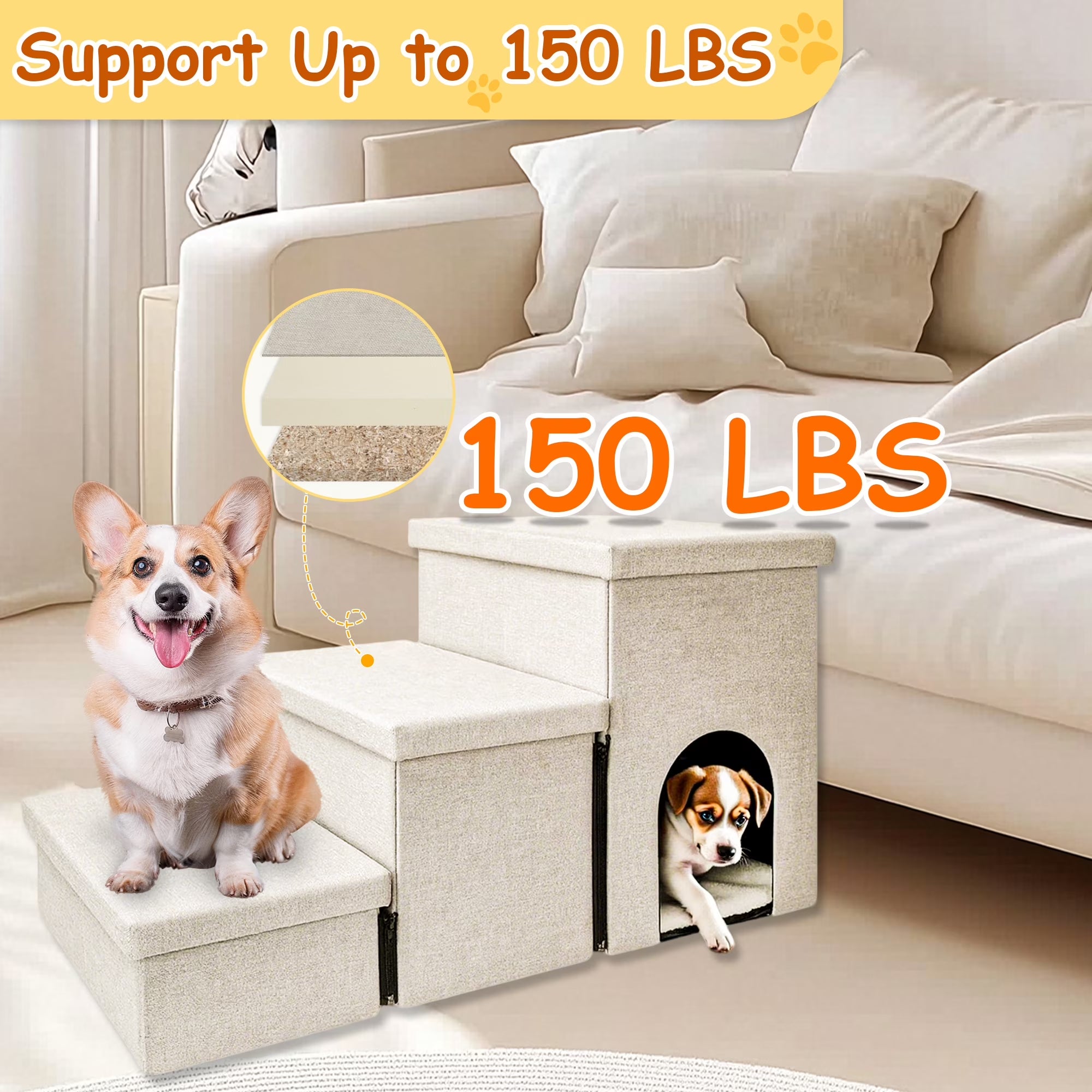 3 Step Dog Stairs with Storage for High Bed 17.5'' H, Foldable Pet Stair for Small Medium or Large Dogs