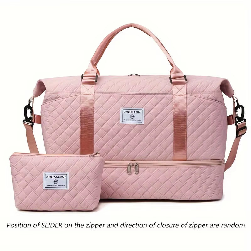 2Pcs Set Large Capacity Travel Duffel Bag with Shoe Compartment and Cosmetic Pouch, Casual Nylon Gym Bag, Weekend Overnight Bag