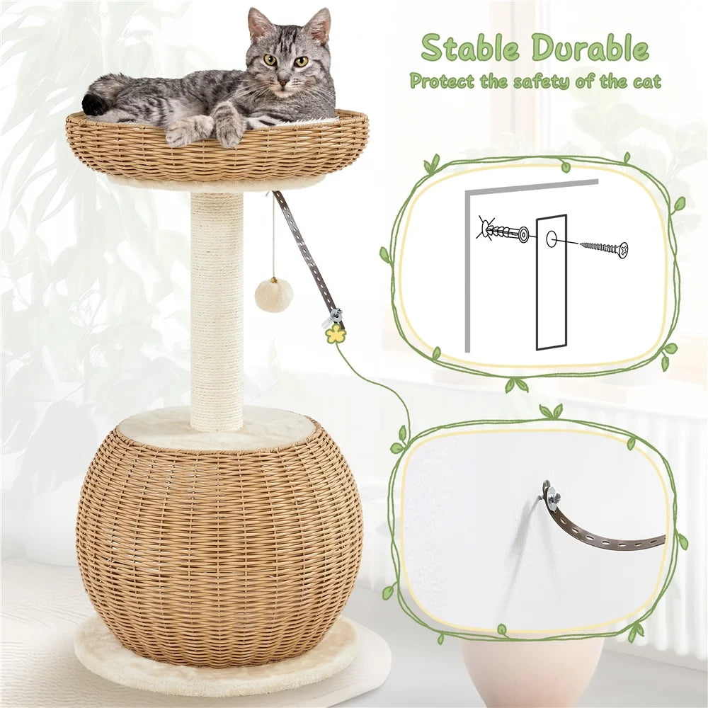 29.5" Tall Rattan Cat House with Scratching Post & Cushion