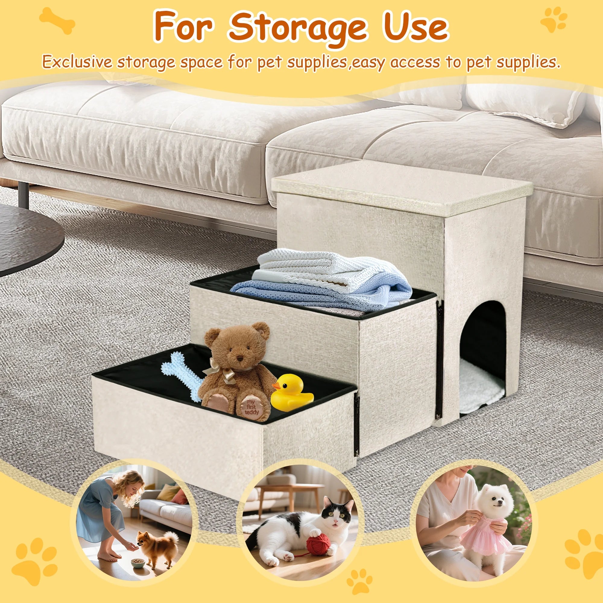 3 Step Dog Stairs with Storage for High Bed 17.5'' H, Foldable Pet Stair for Small Medium or Large Dogs