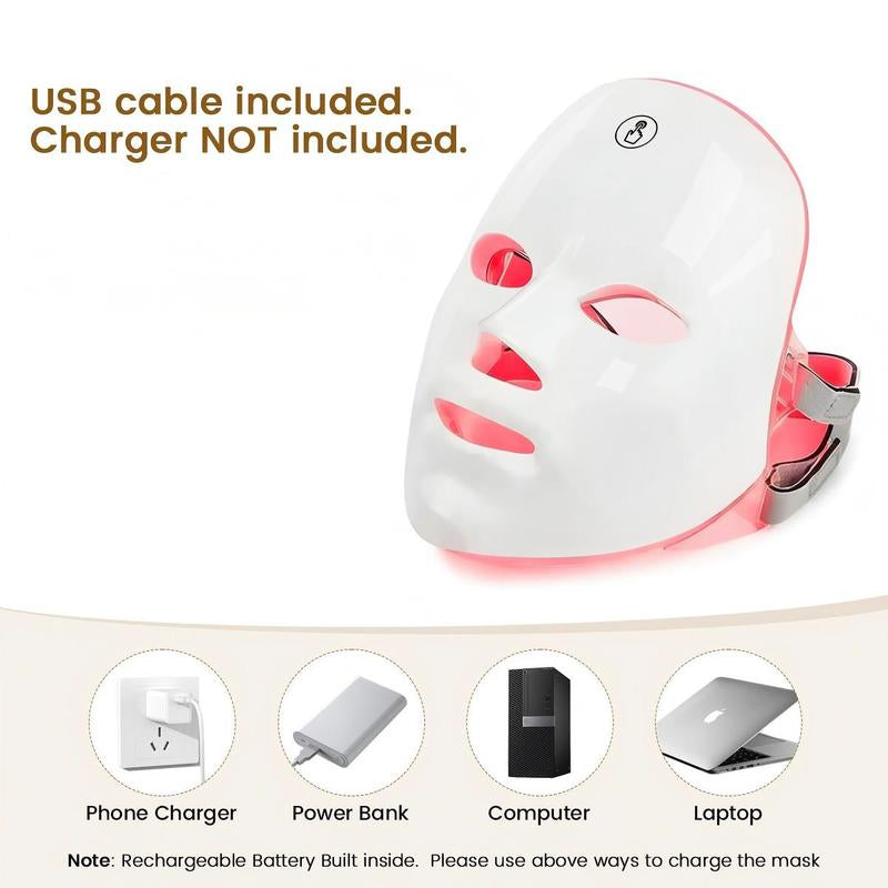 SHMHE Red Light Therapy, 7 Color LED Light Face Mask, Photon Skin Rejuvenation for Daily Care, Cordless, Rechargeable, Ideal Gift for Women, Summer Gift Skincare Facial