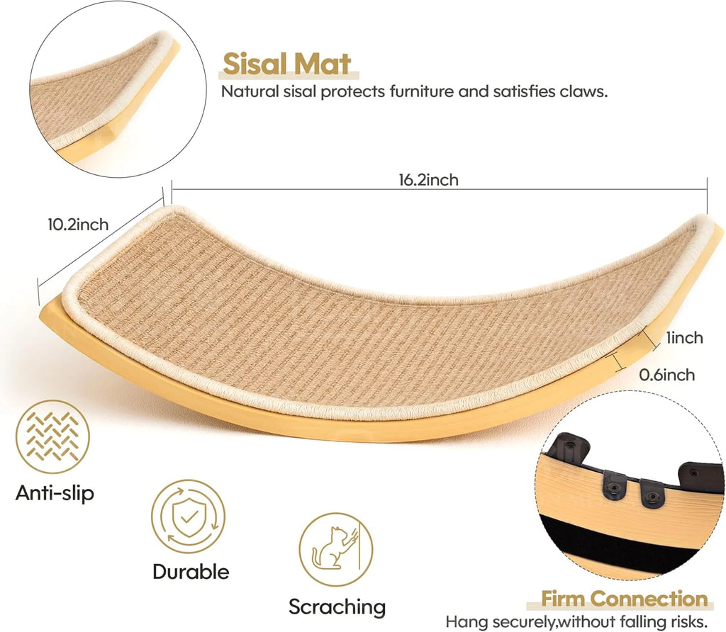 Curved Wood Cat Wall Perch – Wall-Mounted Floating Indoor Platform with Sisal Mat (Sleeper & Climb Shelf)