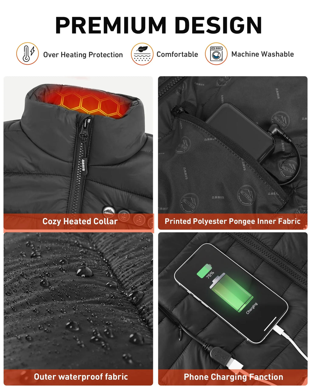 Women Heated Vest with 7.4V 7500Mah Battery Lightweight Puffer Size Adjustable Heating Vest up to 16 Hours-Black