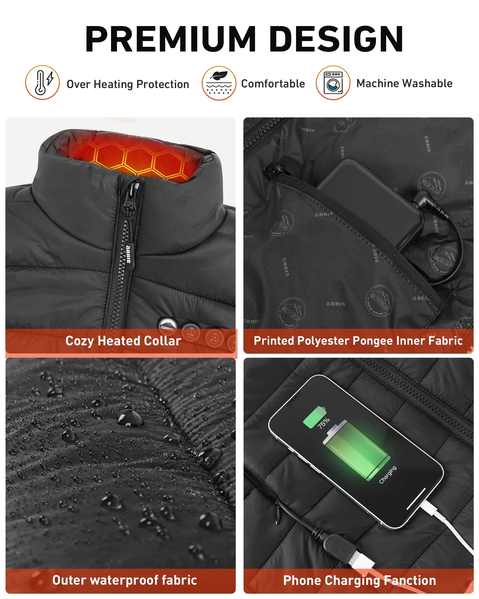 Women Heated Vest with 7.4V 7500Mah Battery Lightweight Puffer Size Adjustable Heating Vest up to 16 Hours-Black