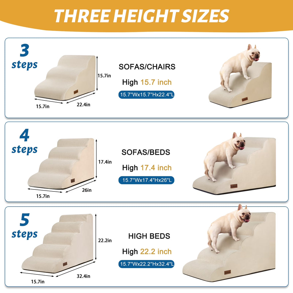 4-Step Dog Stairs and Ramp for Beds or Couches,Non-Slip Sturdy Pet Steps for Small Dogs and Cats,17.4" H,Beige