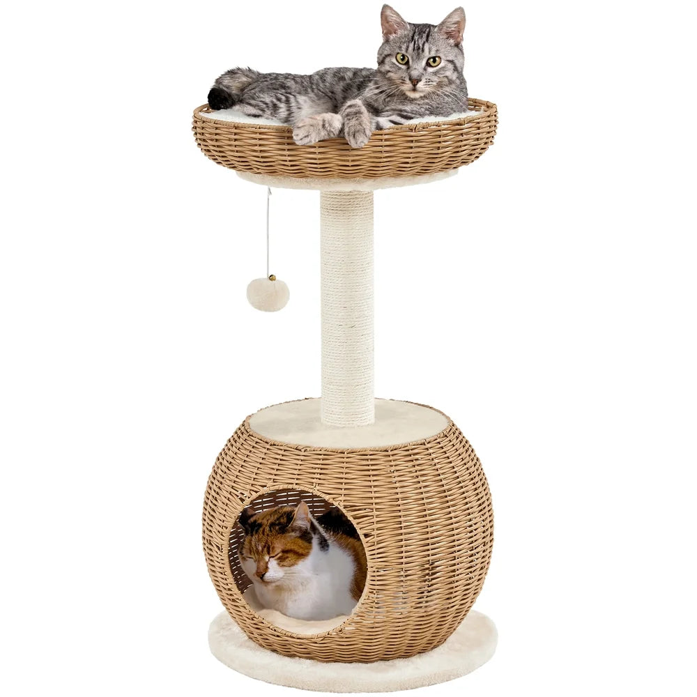 29.5" Tall Rattan Cat House with Scratching Post & Cushion