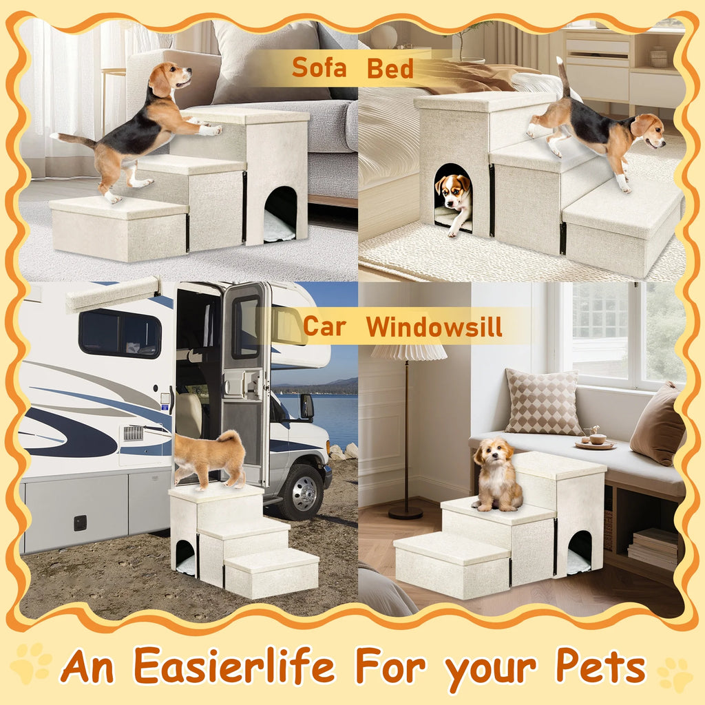 3 Step Dog Stairs with Storage for High Bed 17.5'' H, Foldable Pet Stair for Small Medium or Large Dogs