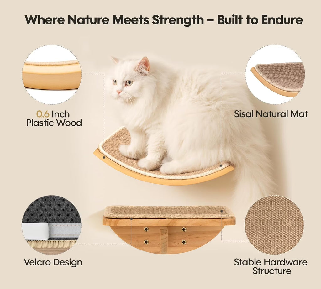 Curved Wood Cat Wall Perch – Wall-Mounted Floating Indoor Platform with Sisal Mat (Sleeper & Climb Shelf)
