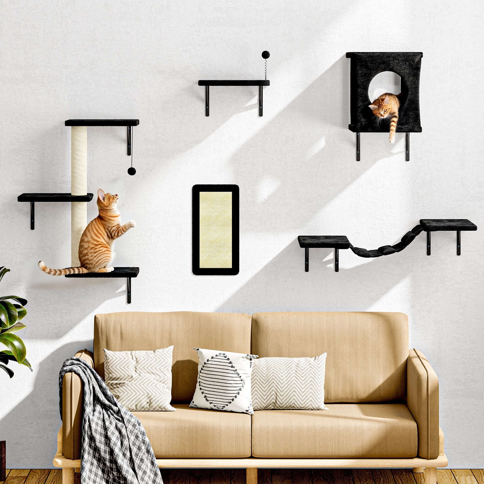 5Pc Cat Wall Shelves Set, Black Wall-Mounted Cat Climber with Bridge & Perch