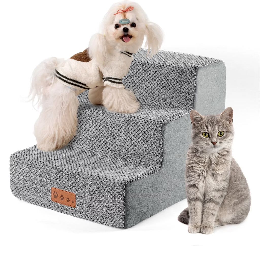 Dog Stairs for Small Dogs 13.8"H, 3-Step Dog Steps for High Bed,Pet Steps for Small Dogs and Cats,Dog Stairs Ramp for High Density Foam,Grey
