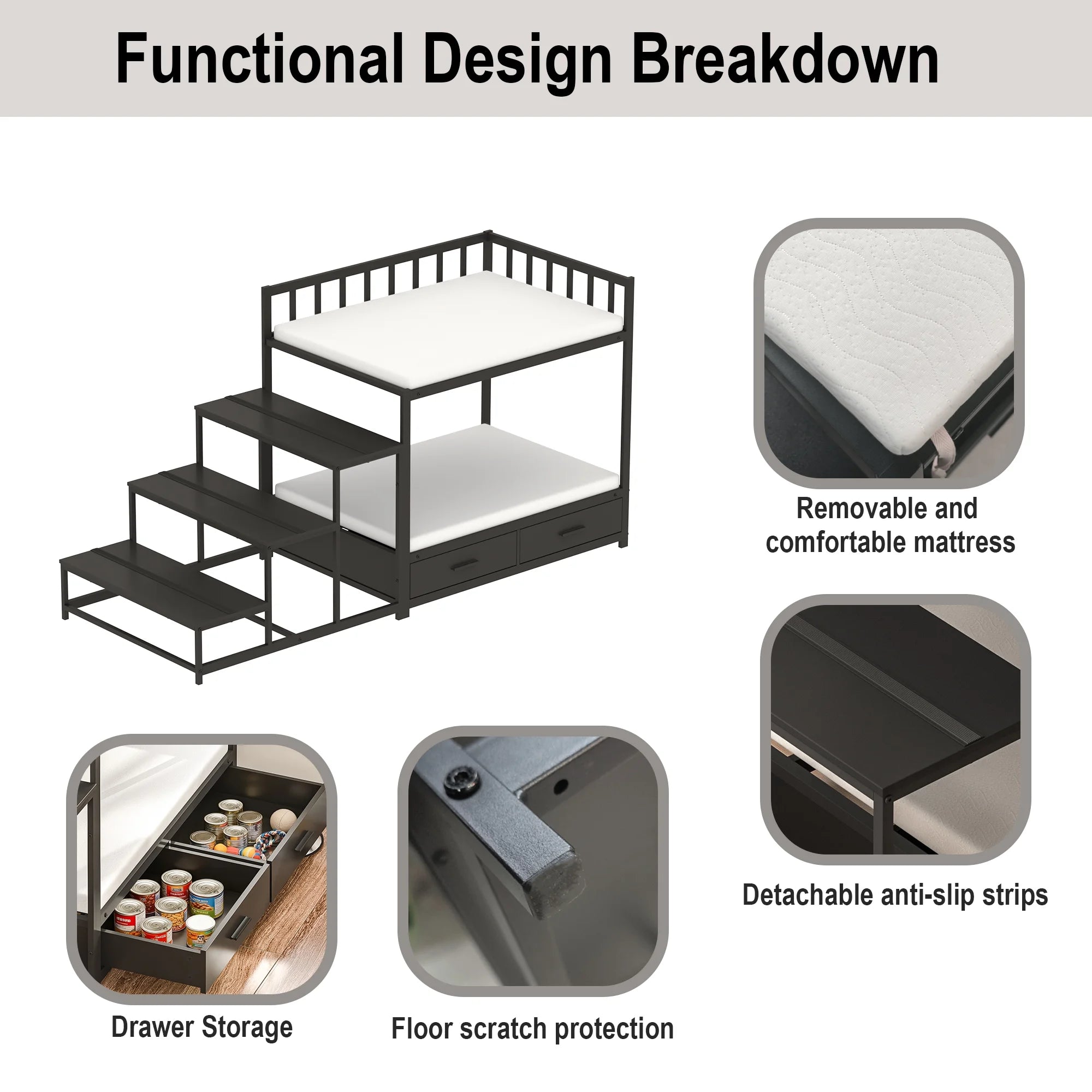 Dog Bunk Beds for Large Dogs, Dog Bedside Bed with Stairs & Storage, Space-Saving Indoor Pet Furniture