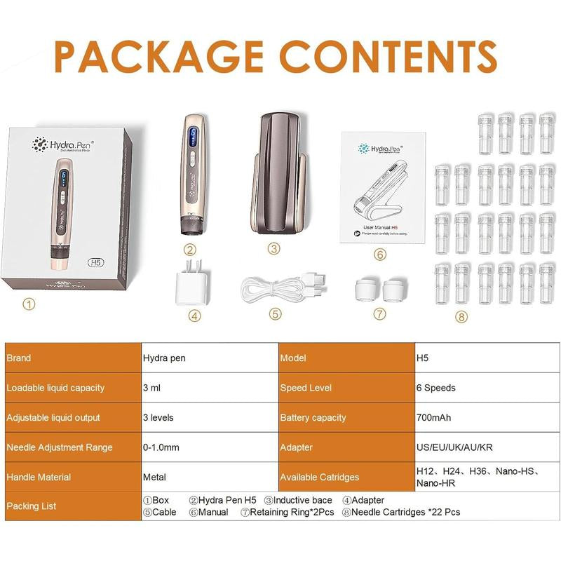 Hydra.Pen H5 Professional Microneedling Pen, Wireless Essence Serum Applicator with EMS Microcurrent & LED Display, Microneedle Machine for Skin Care Wrinkle Reduction Acne Scar Hair Loss Treat, Gold