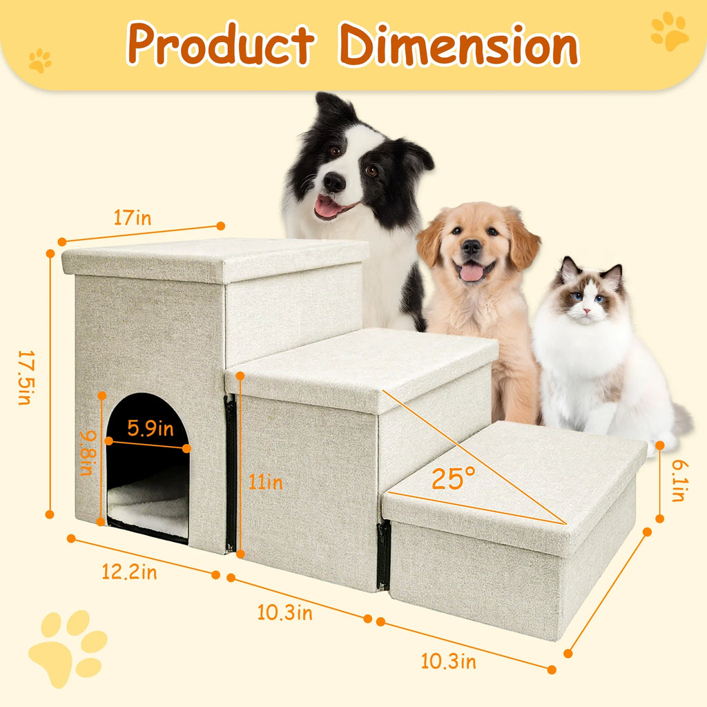 3 Step Dog Stairs with Storage for High Bed 17.5'' H, Foldable Pet Stair for Small Medium or Large Dogs
