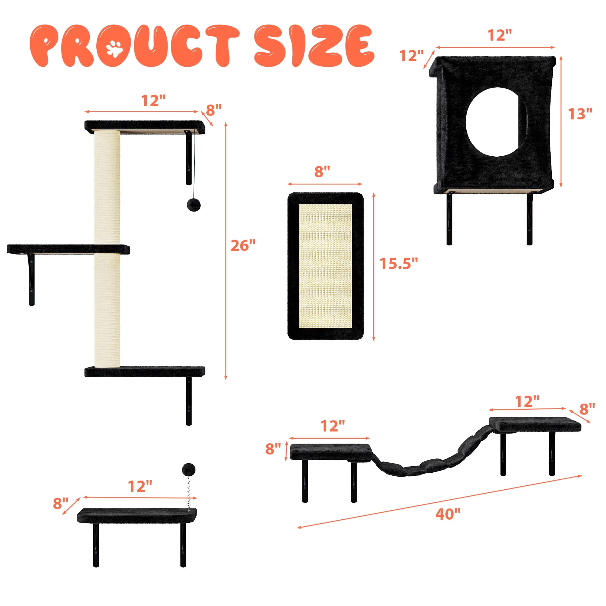5Pc Cat Wall Shelves Set, Black Wall-Mounted Cat Climber with Bridge & Perch