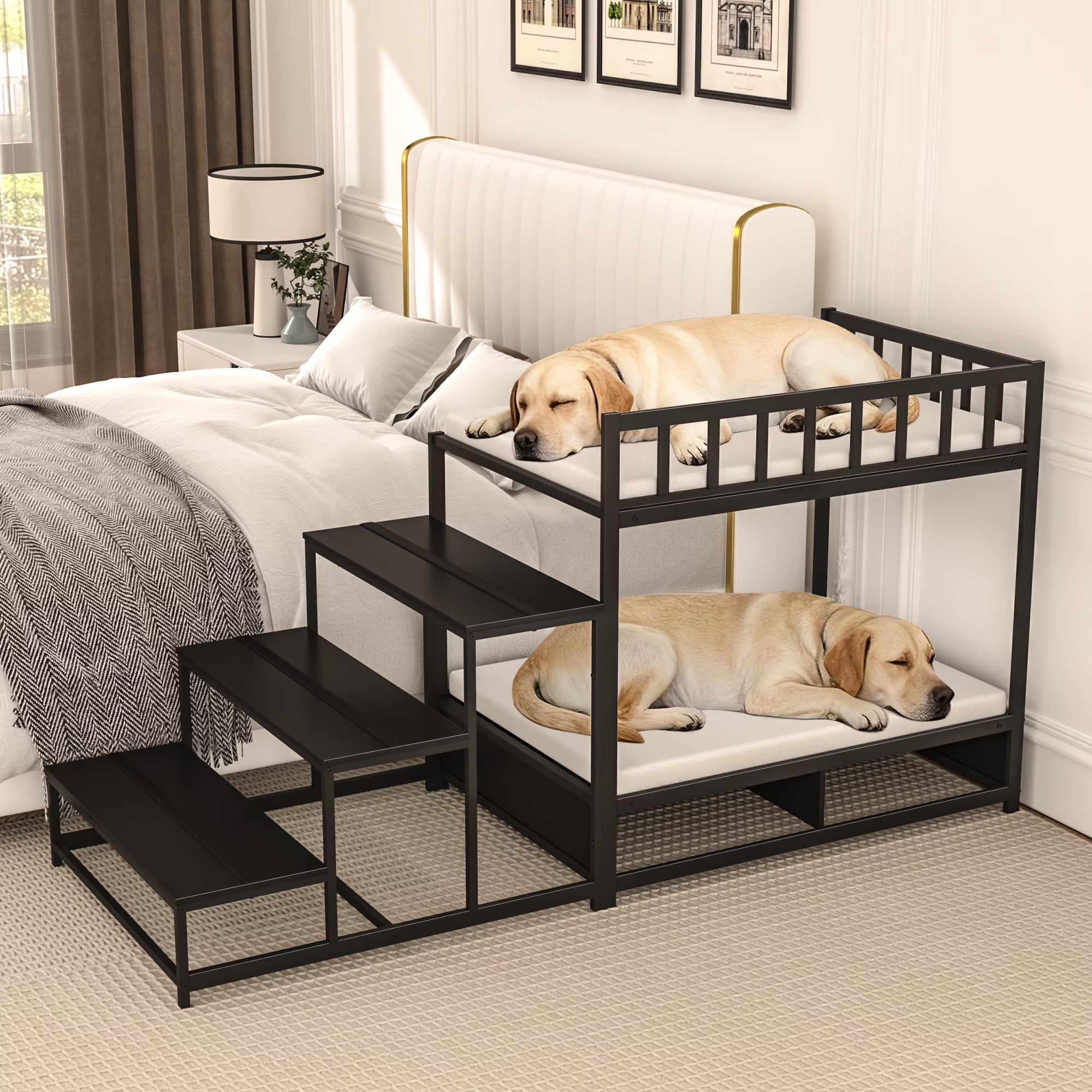 Dog Bunk Beds for Large Dogs, Dog Bedside Bed with Stairs & Storage, Space-Saving Indoor Pet Furniture