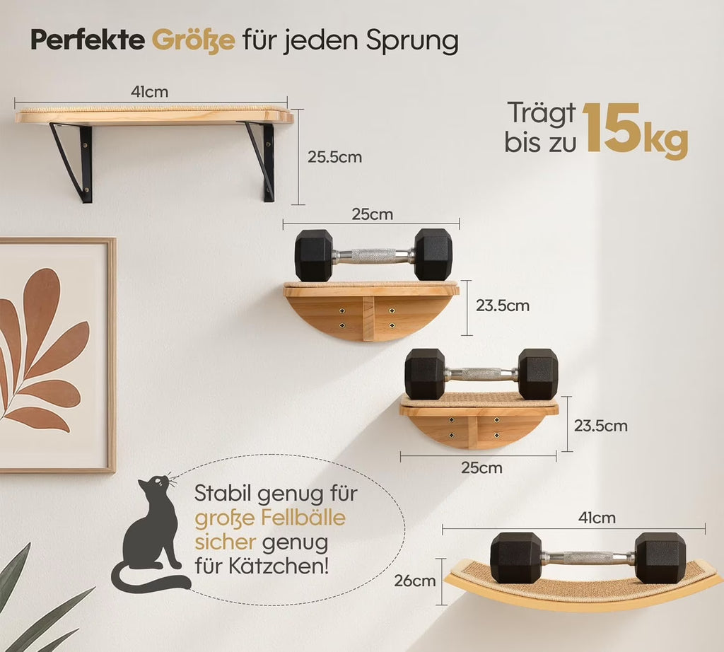 Curved Wood Cat Wall Perch – Wall-Mounted Floating Indoor Platform with Sisal Mat (Sleeper & Climb Shelf)