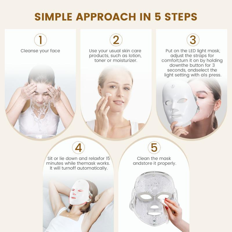 SHMHE Red Light Therapy, 7 Color LED Light Face Mask, Photon Skin Rejuvenation for Daily Care, Cordless, Rechargeable, Ideal Gift for Women, Summer Gift Skincare Facial