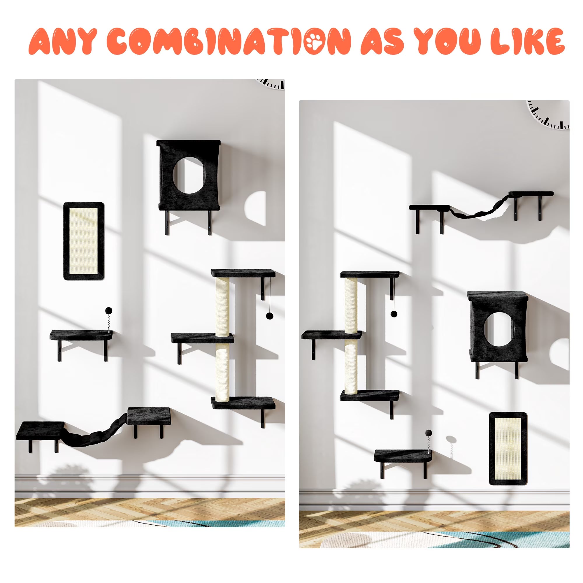 5Pc Cat Wall Shelves Set, Black Wall-Mounted Cat Climber with Bridge & Perch