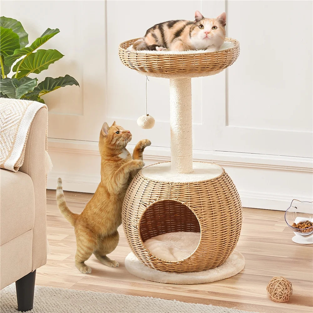 29.5" Tall Rattan Cat House with Scratching Post & Cushion
