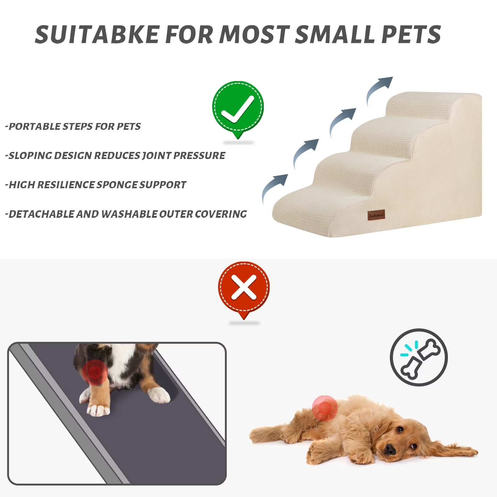 4-Step Dog Stairs and Ramp for Beds or Couches,Non-Slip Sturdy Pet Steps for Small Dogs and Cats,17.4" H,Beige