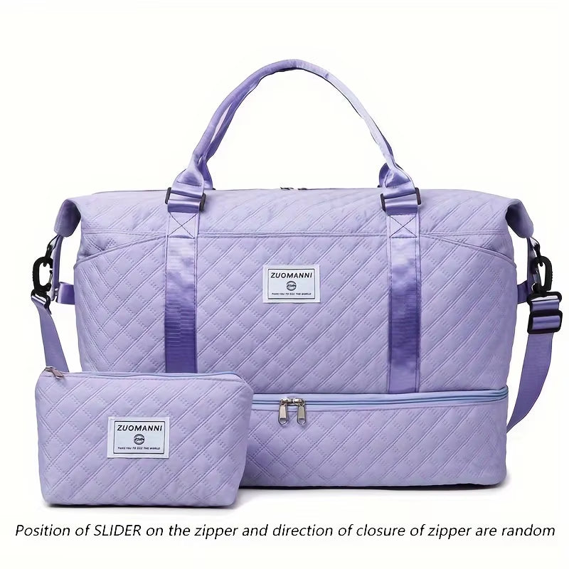 2Pcs Set Large Capacity Travel Duffel Bag with Shoe Compartment and Cosmetic Pouch, Casual Nylon Gym Bag, Weekend Overnight Bag