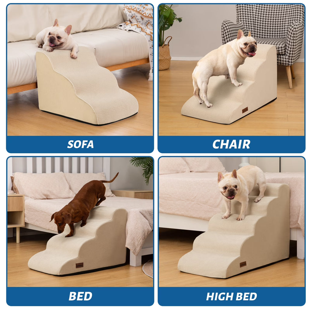 4-Step Dog Stairs and Ramp for Beds or Couches,Non-Slip Sturdy Pet Steps for Small Dogs and Cats,17.4" H,Beige