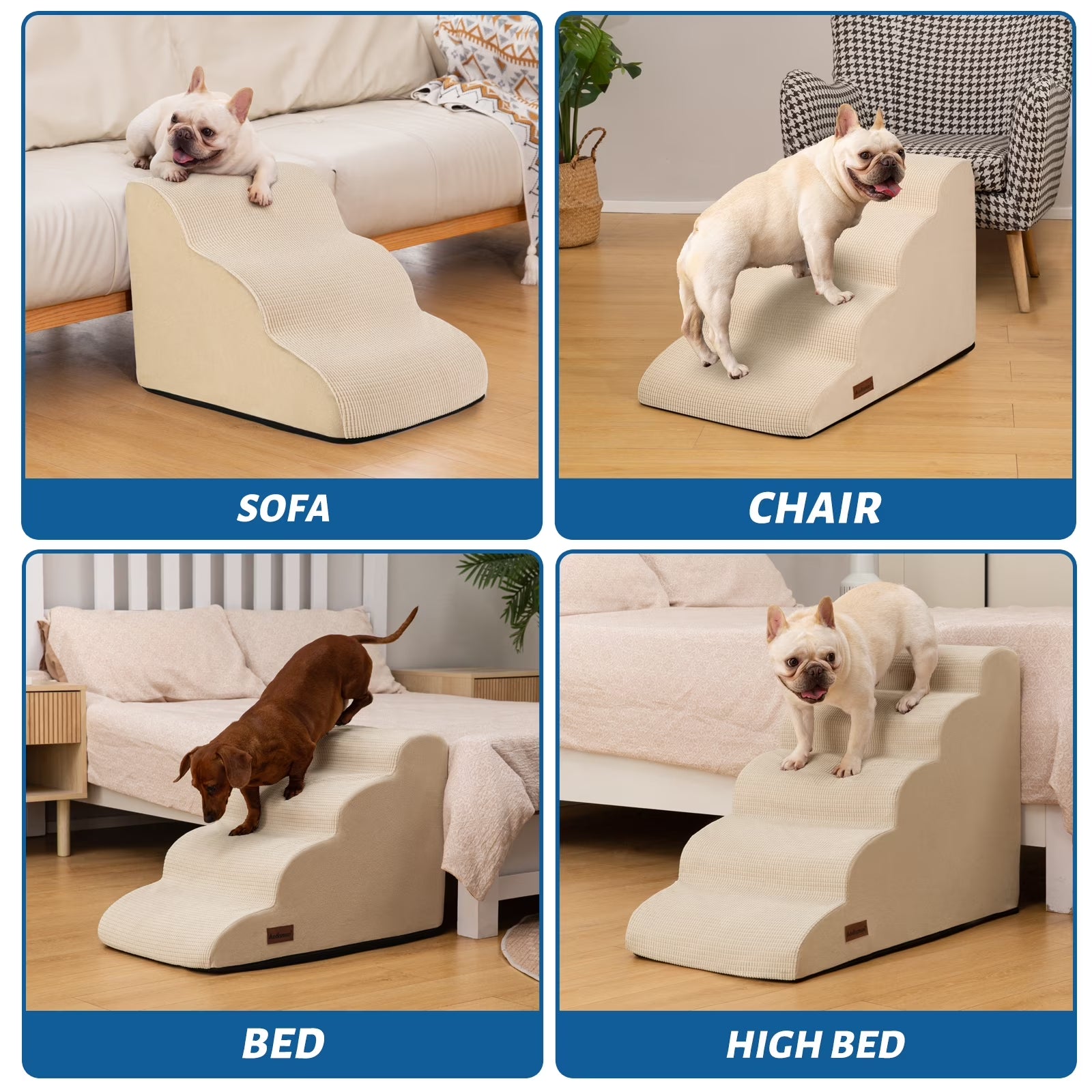 4-Step Dog Stairs and Ramp for Beds or Couches,Non-Slip Sturdy Pet Steps for Small Dogs and Cats,17.4" H,Beige