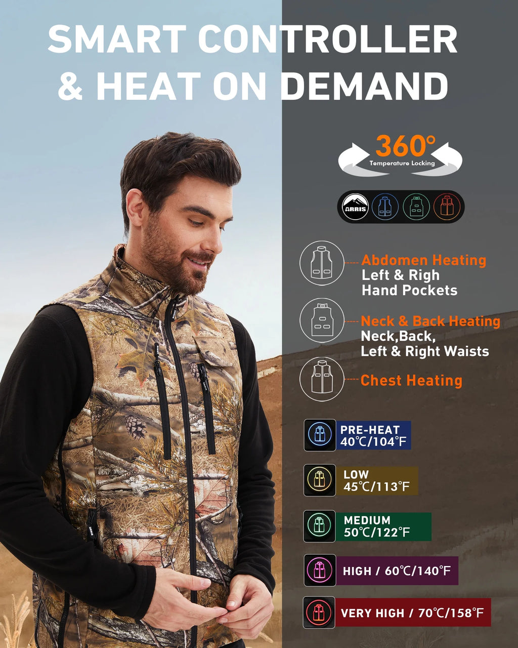 Heated Hunting Vest for Men, Camo Electric Size Adjustable 7.4V Heating Vest with Battery for Hunting