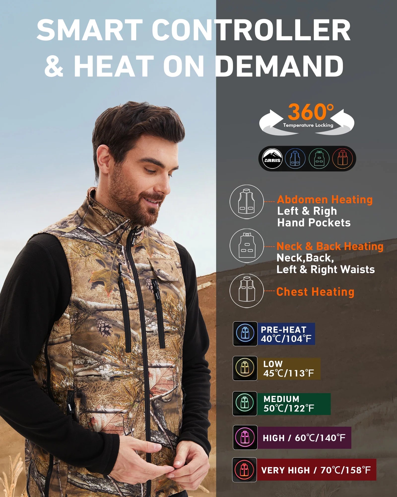 Heated Hunting Vest for Men, Camo Electric Size Adjustable 7.4V Heating Vest with Battery for Hunting
