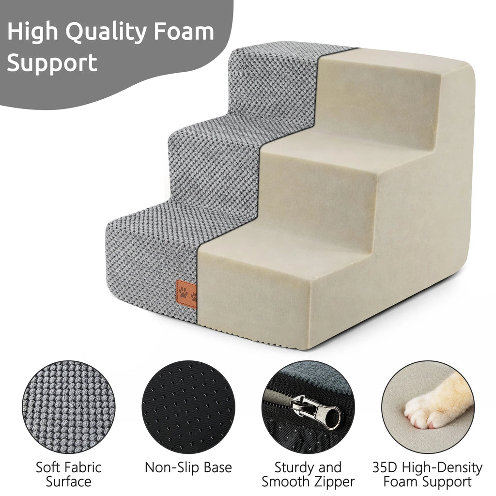 Dog Stairs for Small Dogs 13.8"H, 3-Step Dog Steps for High Bed,Pet Steps for Small Dogs and Cats,Dog Stairs Ramp for High Density Foam,Grey
