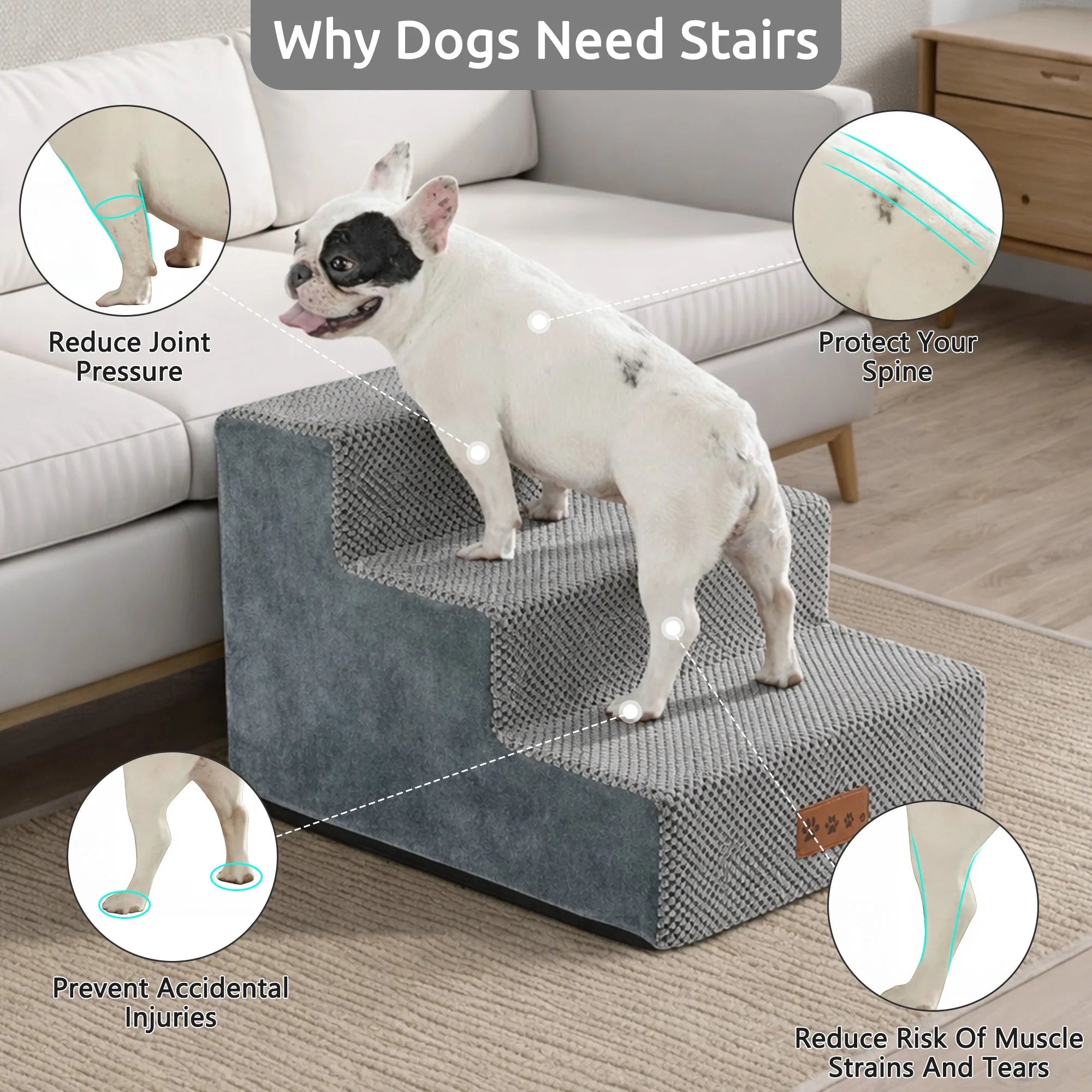 Dog Stairs for Small Dogs 13.8"H, 3-Step Dog Steps for High Bed,Pet Steps for Small Dogs and Cats,Dog Stairs Ramp for High Density Foam,Grey