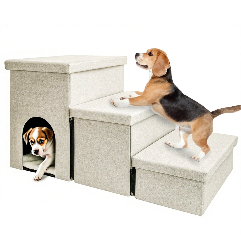3 Step Dog Stairs with Storage for High Bed 17.5'' H, Foldable Pet Stair for Small Medium or Large Dogs