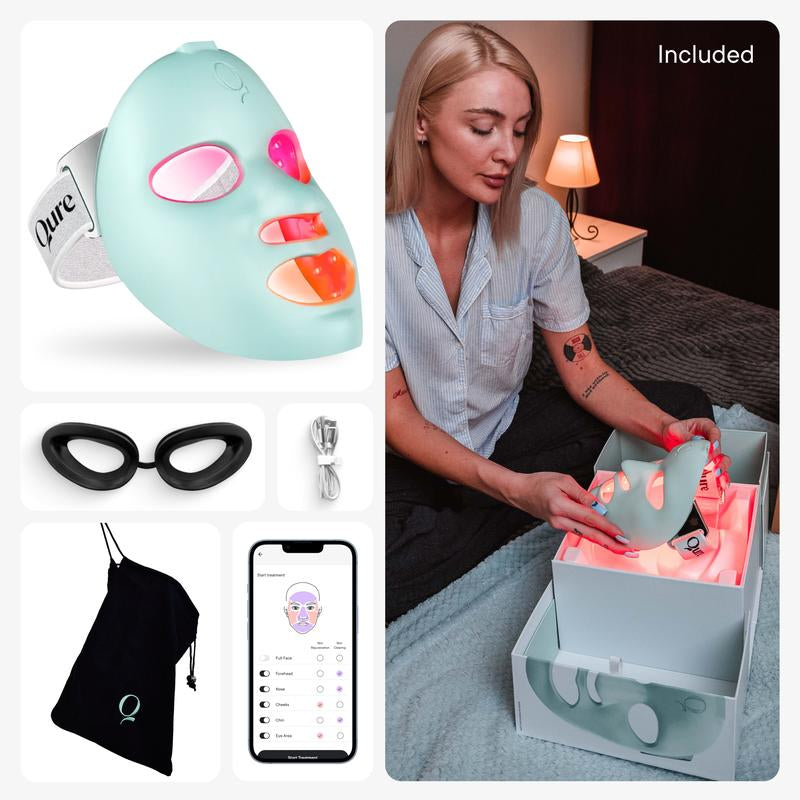 Qure LED Light Therapy Mask for Face - FDA Cleared for Wrinkles & Acne Treatment with 3 Modes, 5 Facial Areas & 5 Lights: Red, Deep-Red, Blue, Amber & Infrared, 3-Min Daily, Eye-Protection, Smart App