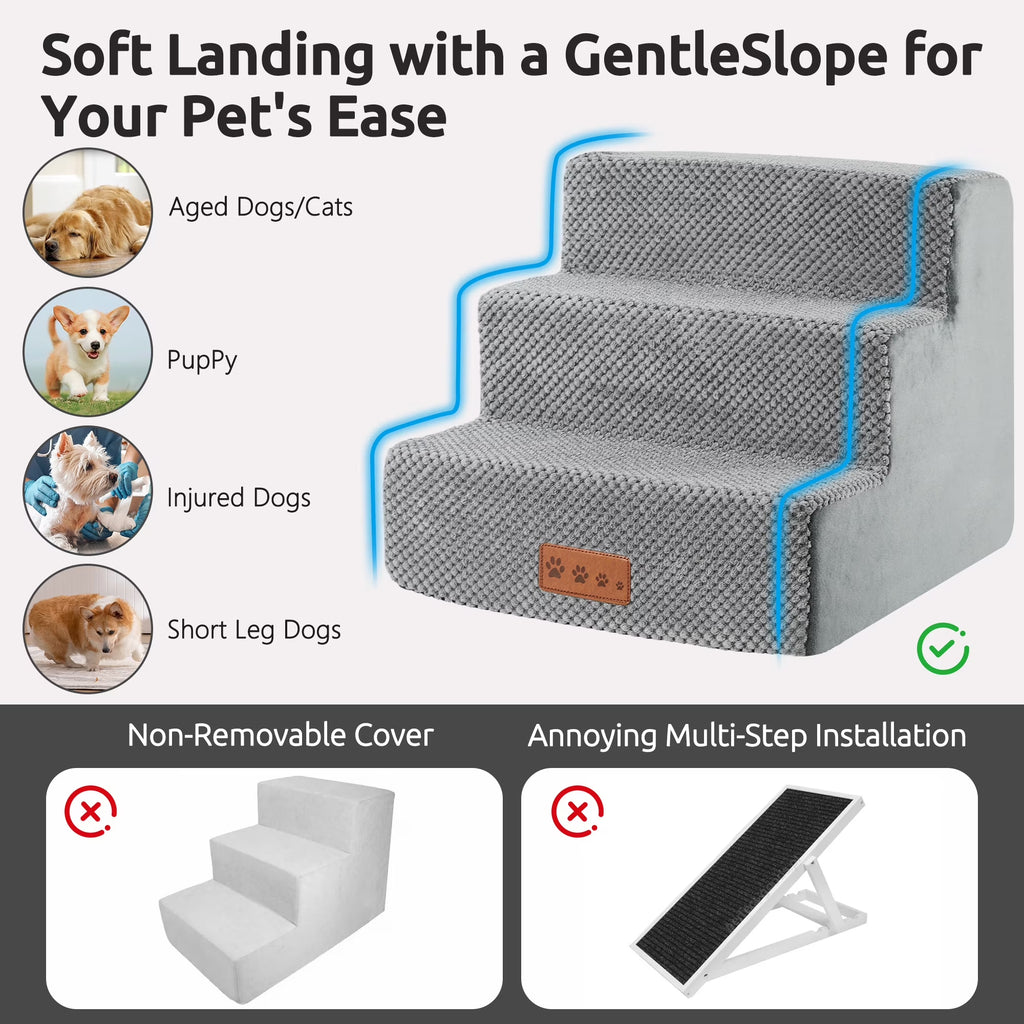 Dog Stairs for Small Dogs 13.8"H, 3-Step Dog Steps for High Bed,Pet Steps for Small Dogs and Cats,Dog Stairs Ramp for High Density Foam,Grey