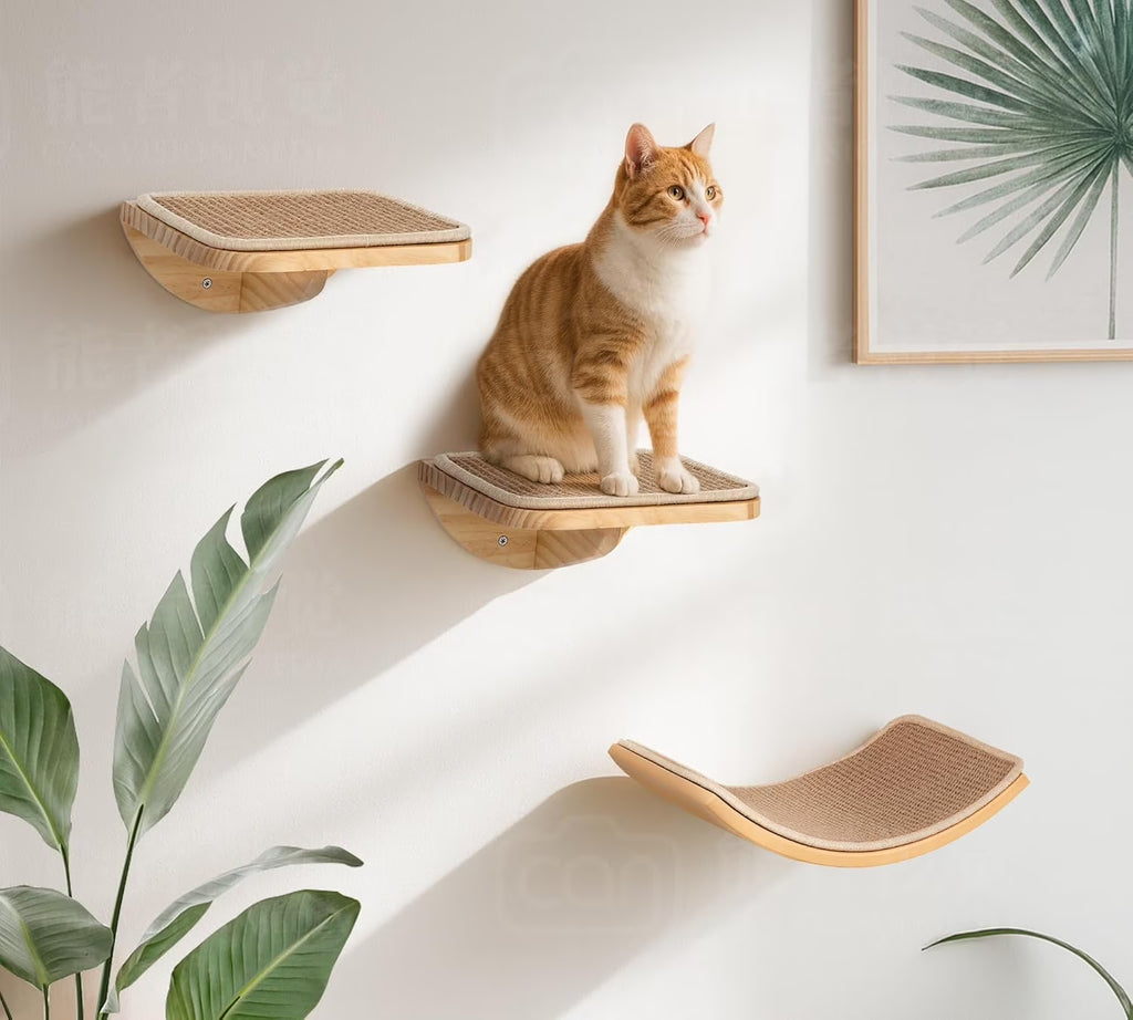 Curved Wood Cat Wall Perch – Wall-Mounted Floating Indoor Platform with Sisal Mat (Sleeper & Climb Shelf)