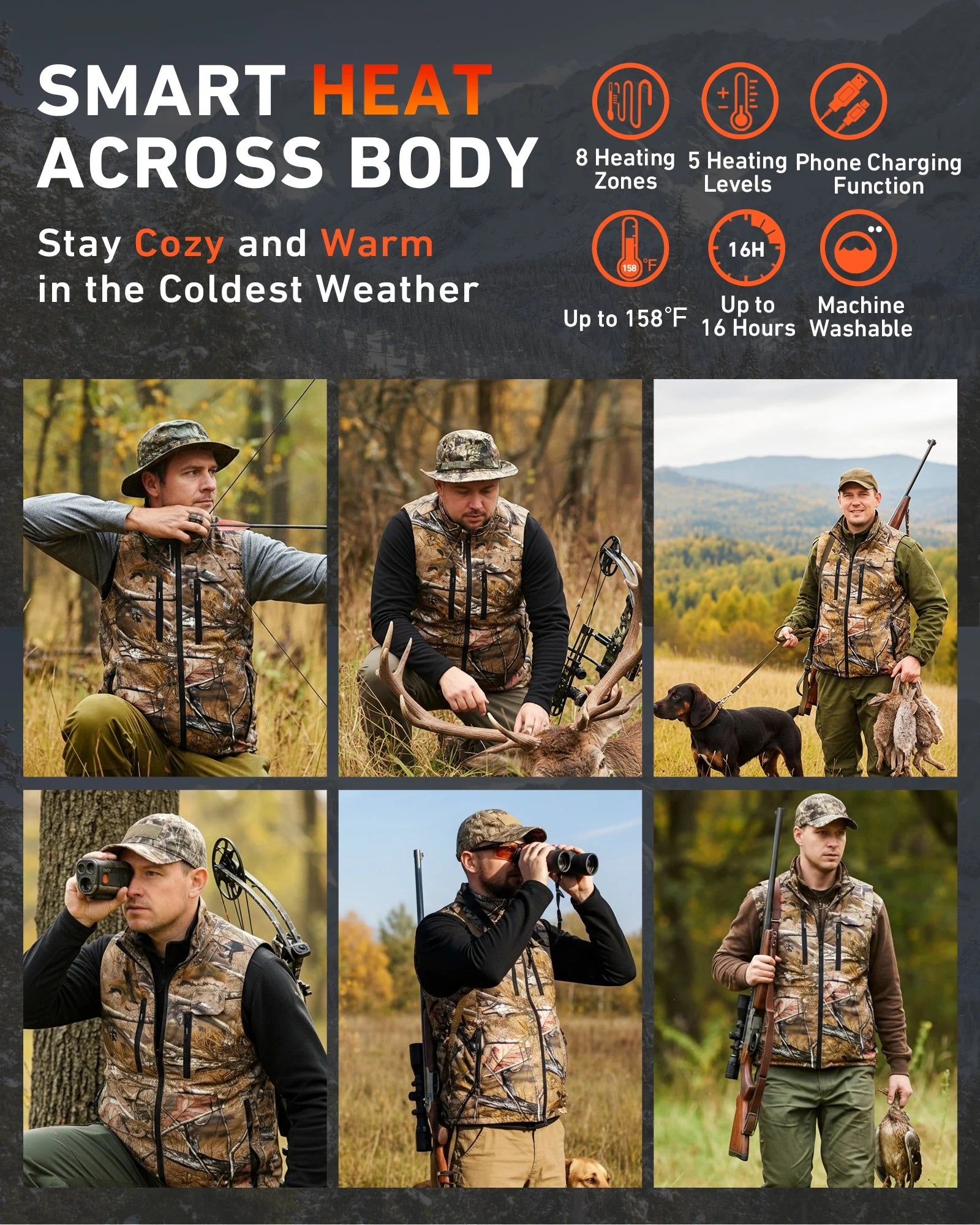 Heated Hunting Vest for Men, Camo Electric Size Adjustable 7.4V Heating Vest with Battery for Hunting