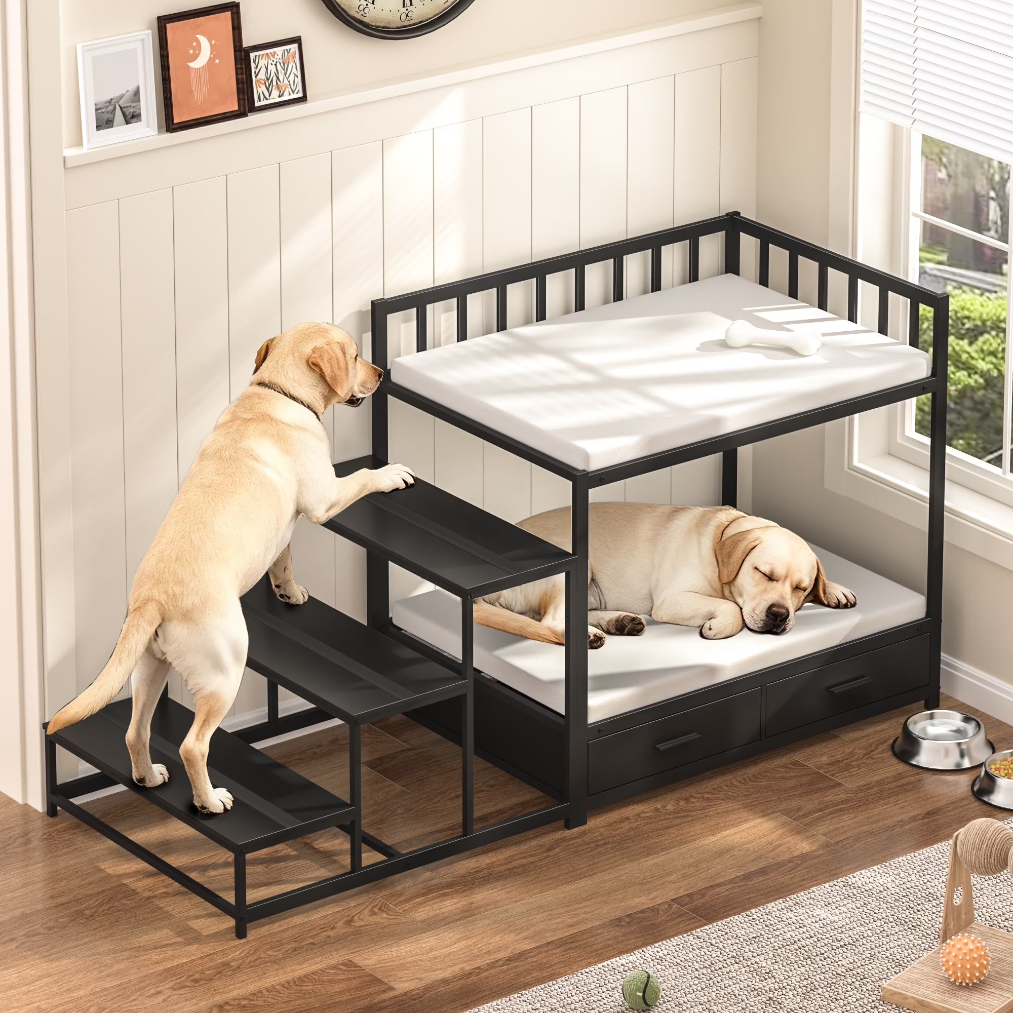 Dog Bunk Beds for Large Dogs, Dog Bedside Bed with Stairs & Storage, Space-Saving Indoor Pet Furniture