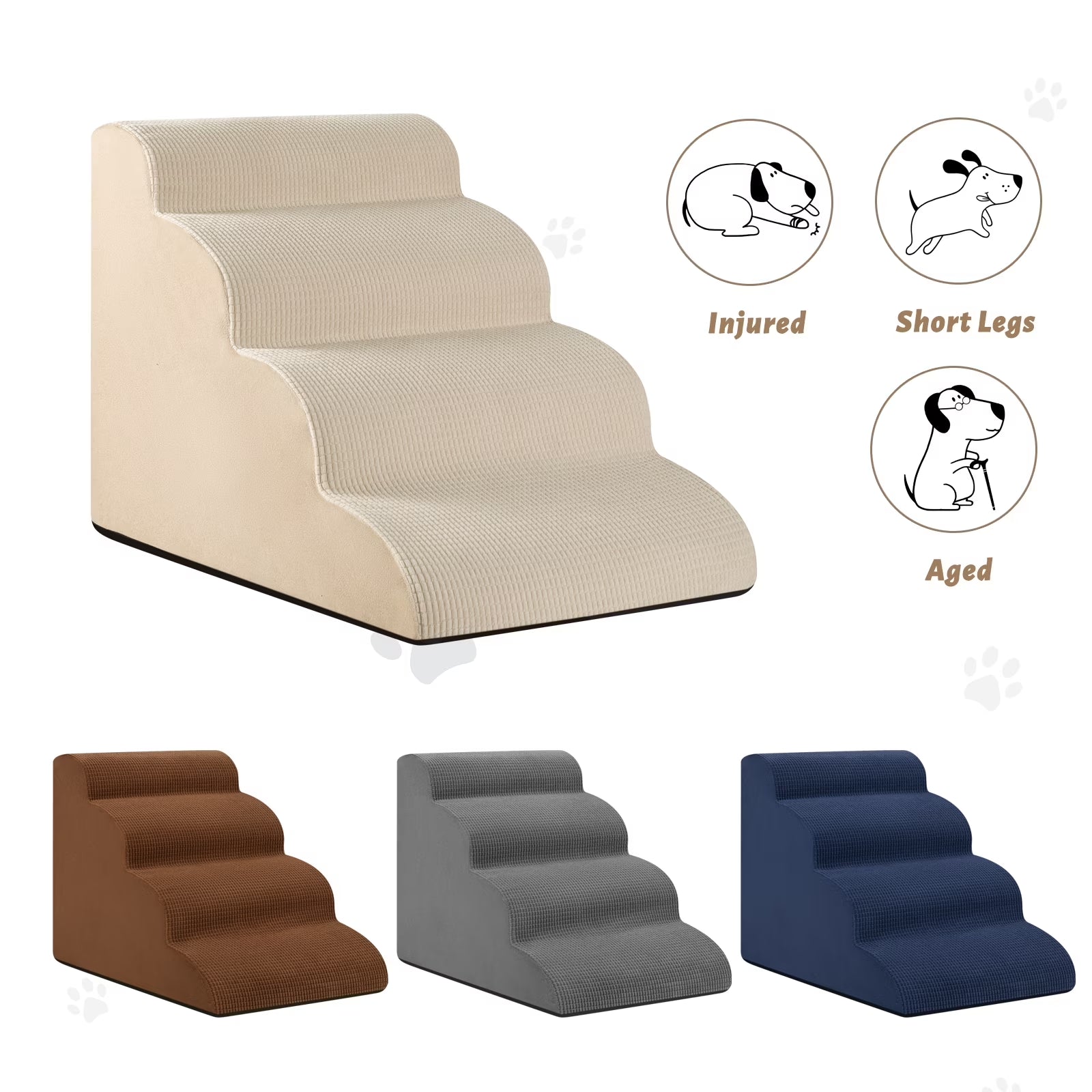 4-Step Dog Stairs and Ramp for Beds or Couches,Non-Slip Sturdy Pet Steps for Small Dogs and Cats,17.4" H,Beige