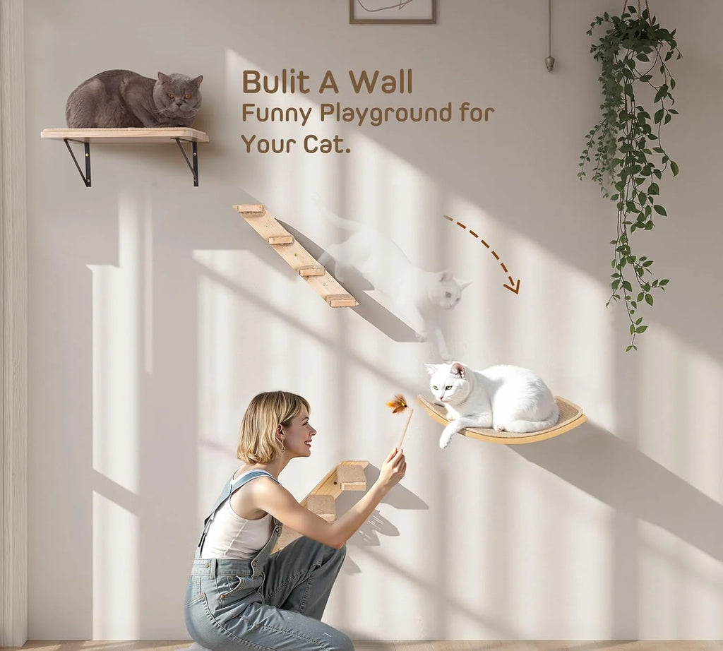 Curved Wood Cat Wall Perch – Wall-Mounted Floating Indoor Platform with Sisal Mat (Sleeper & Climb Shelf)