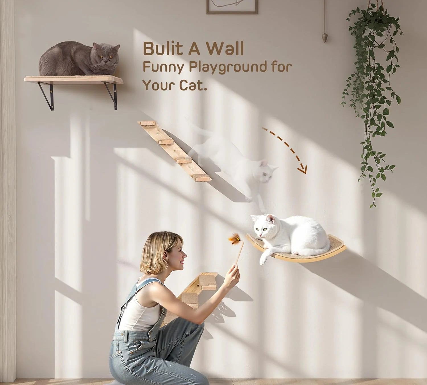 Curved Wood Cat Wall Perch – Wall-Mounted Floating Indoor Platform with Sisal Mat (Sleeper & Climb Shelf)