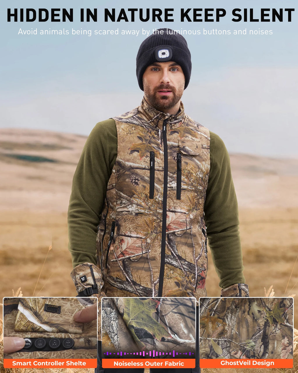 Heated Hunting Vest for Men, Camo Electric Size Adjustable 7.4V Heating Vest with Battery for Hunting