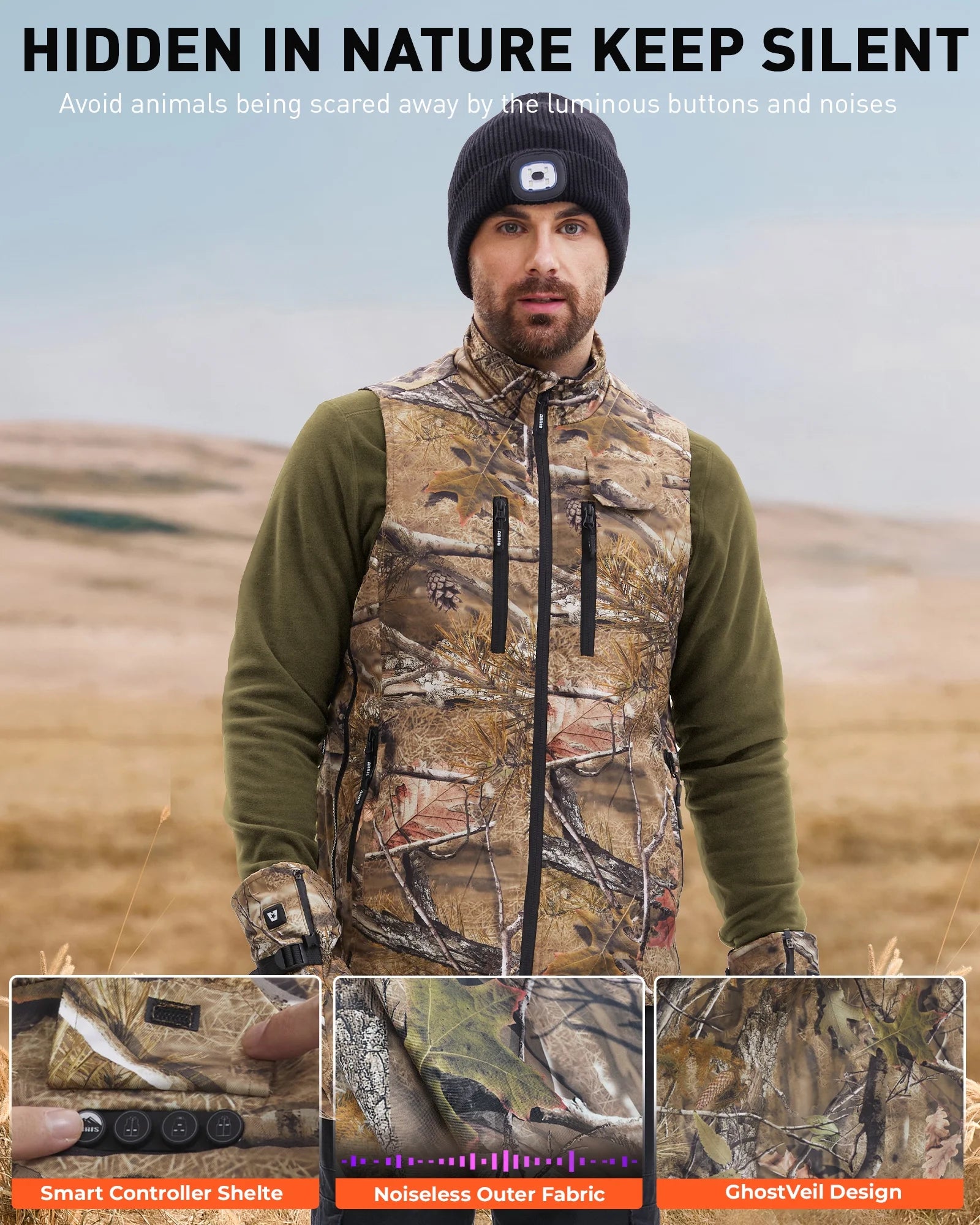 Heated Hunting Vest for Men, Camo Electric Size Adjustable 7.4V Heating Vest with Battery for Hunting